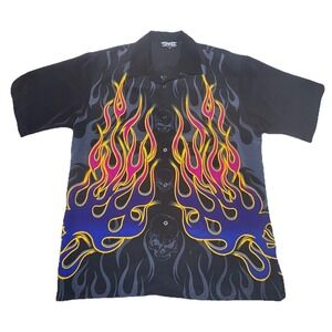 Dragonfly Y2K Flame Skull Button Up Shirt Mens XL Bowling Gothic VTG Button Up